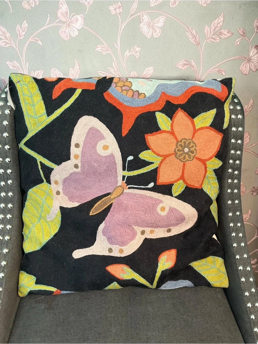 Set of 2 Handmade Kashmir Wool Butterfly Throw Pillows Floral Cottagecore Boho
